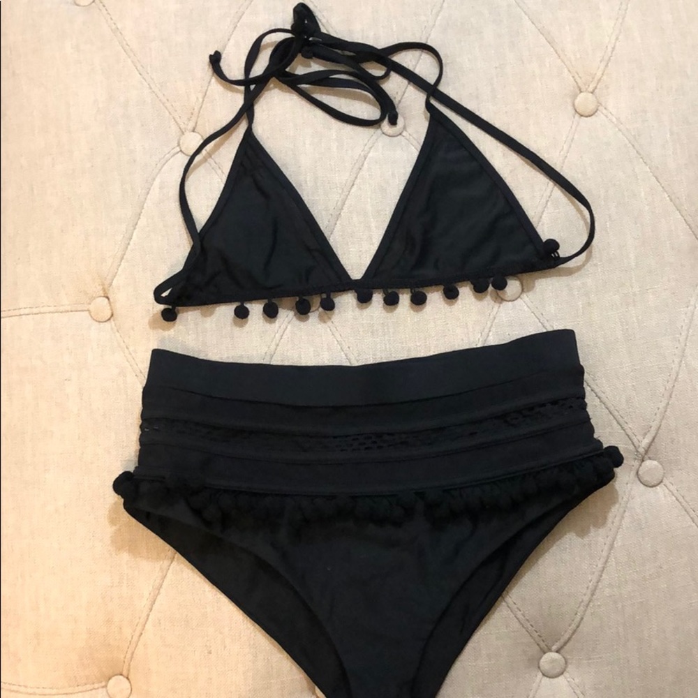 Black Pom Bikini with High Waisted Bottoms